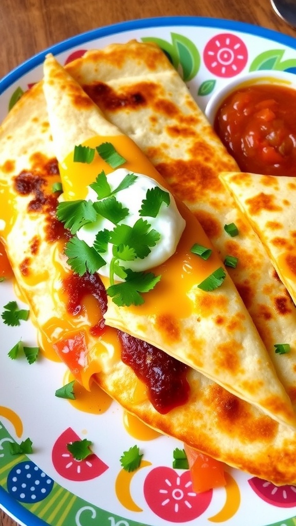 A plated quesadilla emplatado with crispy tortillas, cheese, cilantro, sour cream, and salsa.